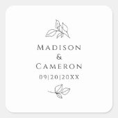 黒エレガント白の結婚式葉名付け日 スクエアシール (正面)