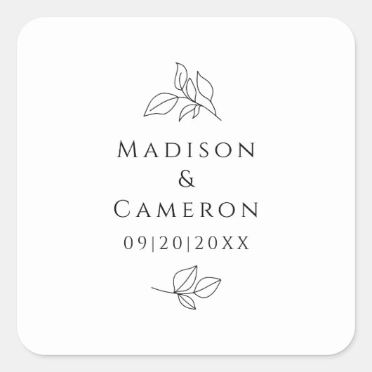 黒エレガント白の結婚式葉名付け日 スクエアシール (正面)