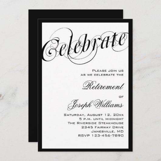黒エレガント白の退職パーティの招待状 招待状 (正面/裏面)