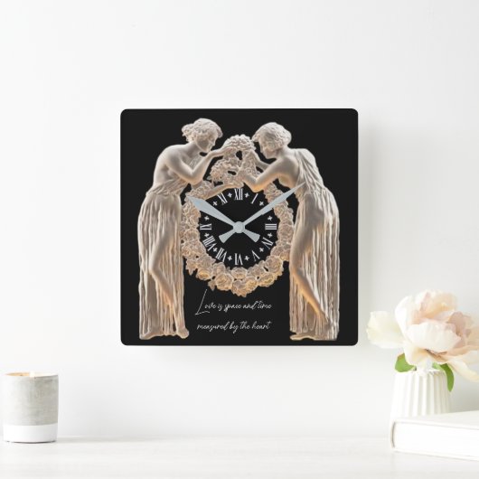 黒エレガント白アールデコ愛 スクエア壁時計 (ホーム)