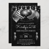 黒エレガント白ウィンターボーブル誕生日 招待状 (正面/裏面)