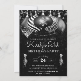 黒エレガント白ウィンターボーブル誕生日 招待状