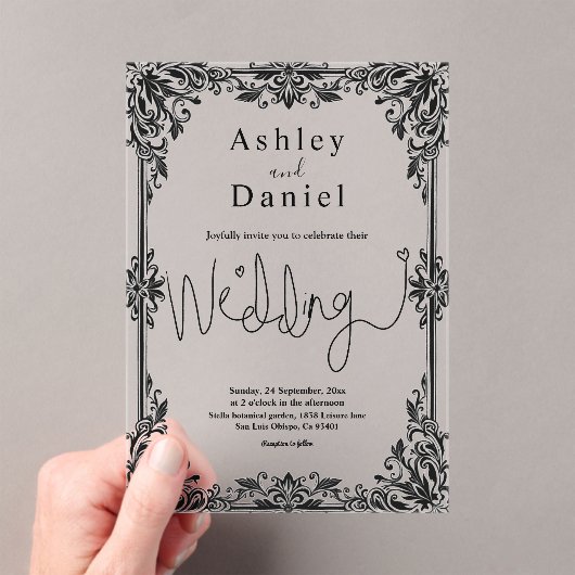 黒エレガント白クラシックフォーマル結婚の アクリル招待状 (インサイチュ (ポータブル))