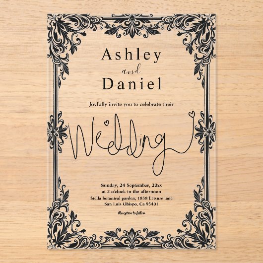 黒エレガント白クラシックフォーマル結婚の アクリル招待状 (正面)