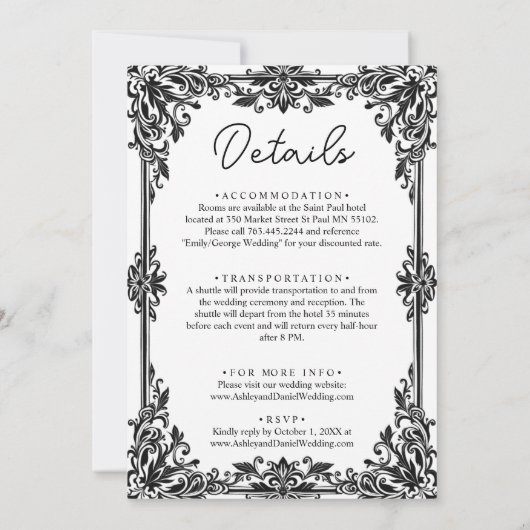 黒エレガント白クラシックフォーマル結婚の 招待状 (裏面)