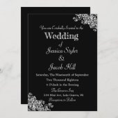黒エレガント白クラシック結婚 招待状 (正面/裏面)