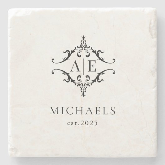黒エレガント白クレストモノグラム結婚ズ ストーンコースター (正面)