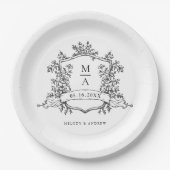 黒エレガント白クレストモノグラム結婚ズ ペーパープレート (正面)