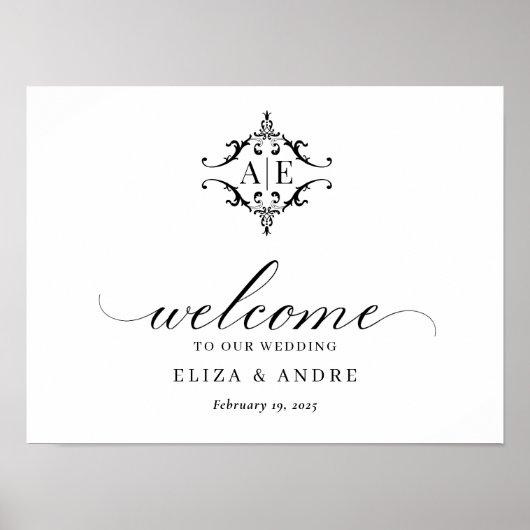 黒エレガント白クレストモノグラム結婚ズ ポスター (正面)