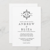 黒エレガント白クレストモノグラム結婚ズ 招待状 (正面/裏面)