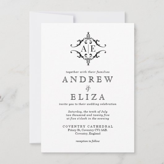 黒エレガント白クレストモノグラム結婚ズ 招待状 (正面)