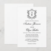 黒エレガント白クレストモノグラム結婚 招待状 (正面/裏面)