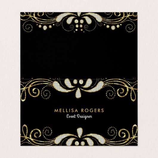 黒エレガント白グリッターフローラスワールレース 名刺 (外部フラット)