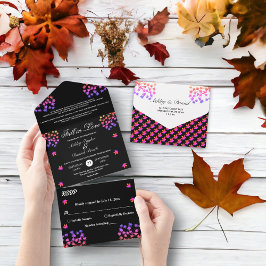 黒エレガント白グロ葉イ秋の結婚式 オールインワン招待状