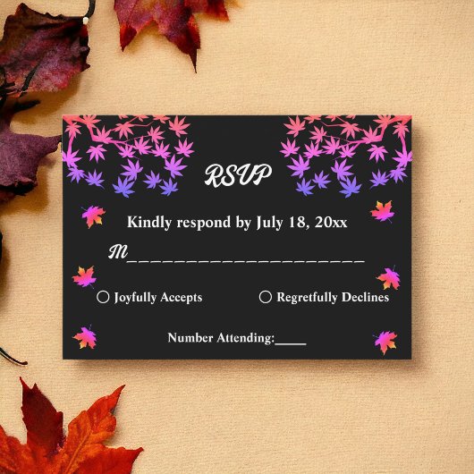 黒エレガント白グロ葉イ秋の結婚式 出欠カード