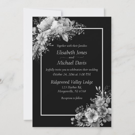 黒エレガント白ゴシモダンック結婚ス 招待状 (正面)