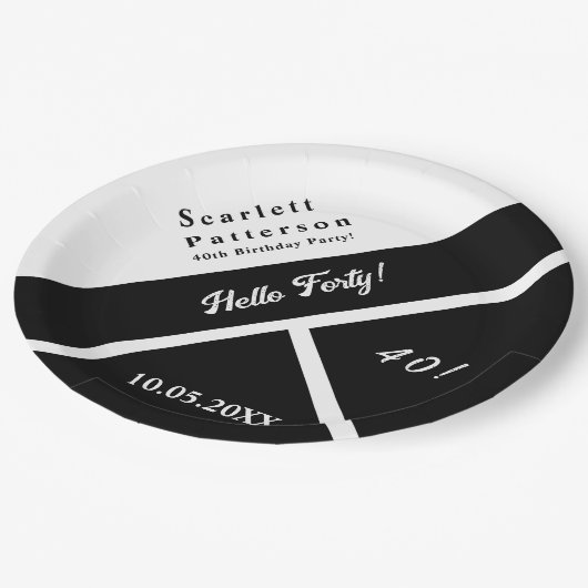 黒エレガント白シック40モダン歳の誕生日 ペーパープレート (アングル)