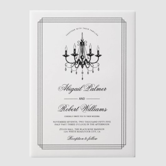 黒エレガント白シャンデリア旧マネー結婚ズ ベラム紙招待状 (正面)