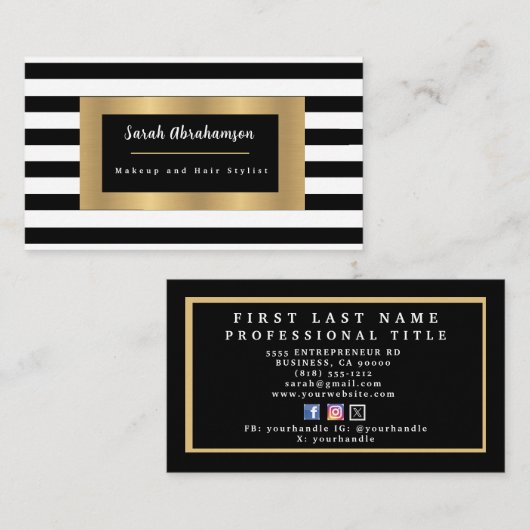 黒エレガント白ストライプの 名刺 (正面/裏面)