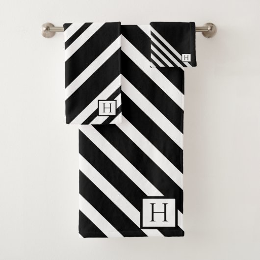 黒エレガント白ストライプモノグラムの バスタオルセット (インサイチュ)