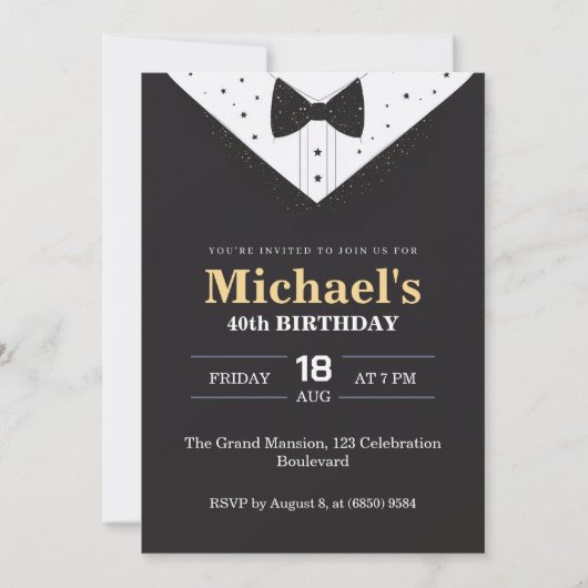 黒エレガント白スーツ男子40歳の誕生日 招待状 (正面)