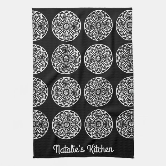 黒エレガント白タイル キッチンタオル (縦)