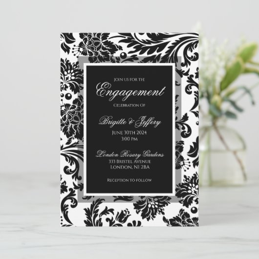 黒エレガント白ダマスク婚約カスタム 招待状 (スタンド正面)
