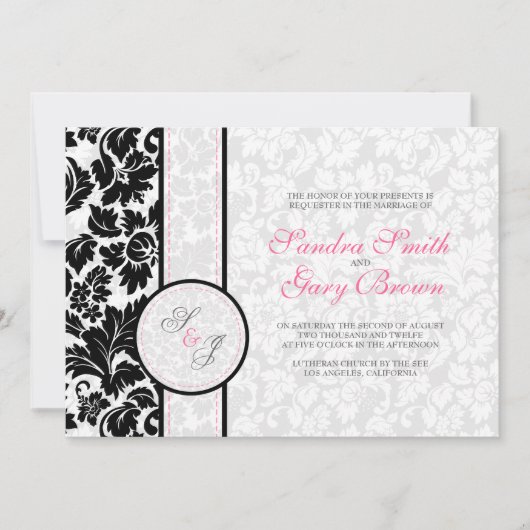 黒エレガント白ダマスク結婚ズ 招待状 (正面)