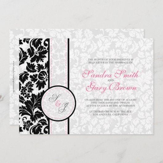 黒エレガント白ダマスク結婚ズ 招待状 (正面/裏面)