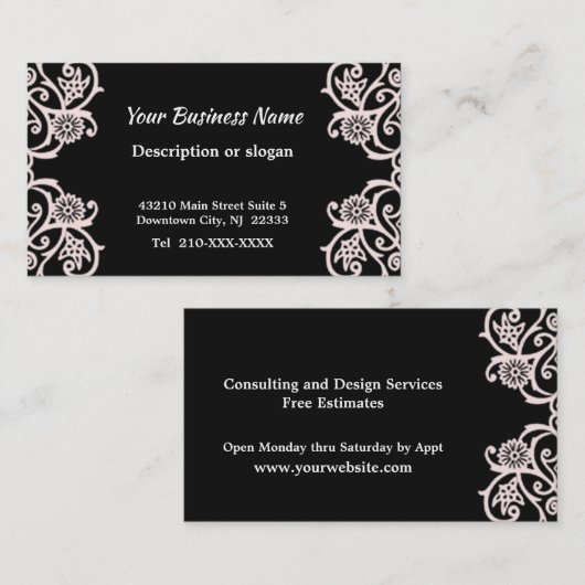 黒エレガント白デコ花名刺 名刺 (正面/裏面)