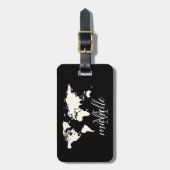 黒エレガント白トラベル世界地図，飛行機 ラゲッジタグ (正面縦)