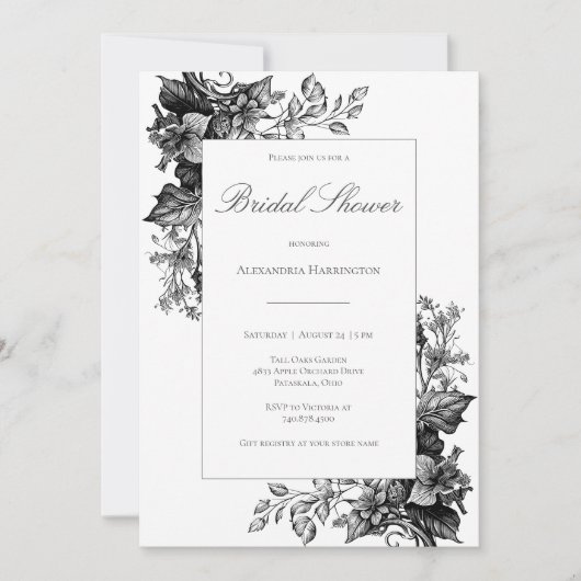 黒エレガント白トワールフローラブライダルシャワー 招待状 (正面)
