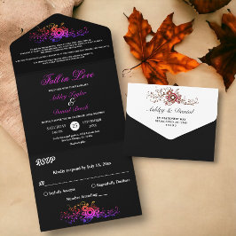 黒エレガント白ネオン葉秋の結婚式 オールインワン招待状