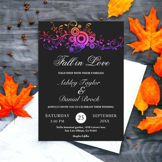 黒エレガント白ネオン葉秋の結婚式 招待状