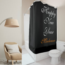 黒エレガント白ハッピーニューイヤー名前をカスタムする シャワーカーテン