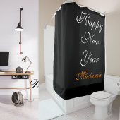 黒エレガント白ハッピーニューイヤー名前をカスタムする シャワーカーテン