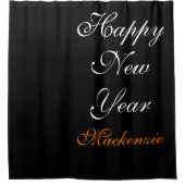 黒エレガント白ハッピーニューイヤー名前をカスタムする シャワーカーテン (正面)