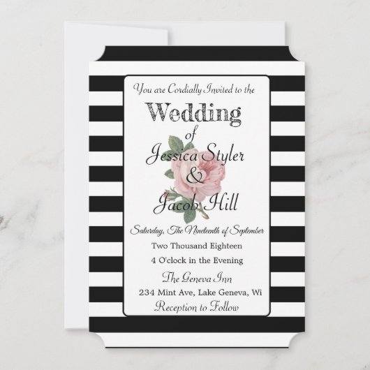 黒エレガント白ピンクヴィンテージバラ結婚 招待状 (正面)