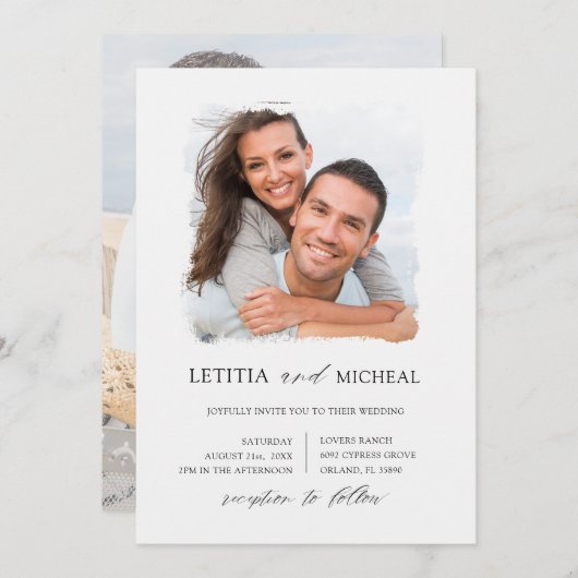 黒エレガント白フォトズ結婚ーズ 招待状 (正面/裏面)