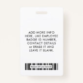 黒エレガント白フォトロゴバーコードと名前 バッジ (裏面)