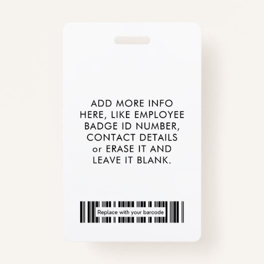 黒エレガント白フォトロゴバーコードと名前 バッジ (裏面)