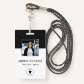 黒エレガント白フォトロゴバーコードと名前 バッジ (正面ランヤード)