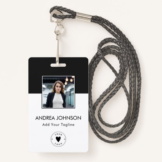 黒エレガント白フォトロゴバーコードと名前 バッジ (正面ランヤード)