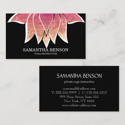 黒エレガント白フラワーロゴヨガビジネスCa 名刺 (正面/裏面)