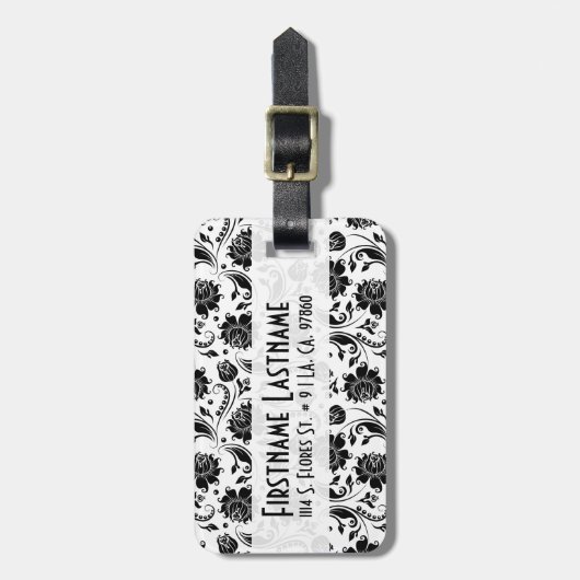 黒エレガント白フローラダマスク2モノグラーム ラゲッジタグ (正面縦)