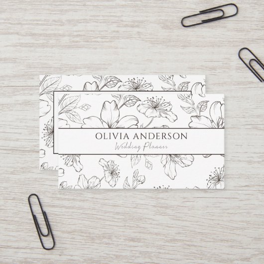 黒エレガント白フローララモダンインアート 名刺 (正面/裏面インサイチュ)