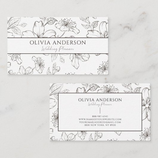 黒エレガント白フローララモダンインアート 名刺 (正面/裏面)
