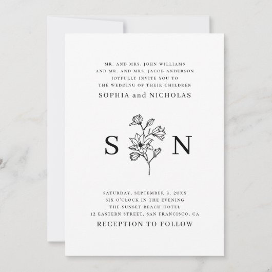 黒エレガント白フローラ結婚ズ | ミニマル 招待状 (正面)