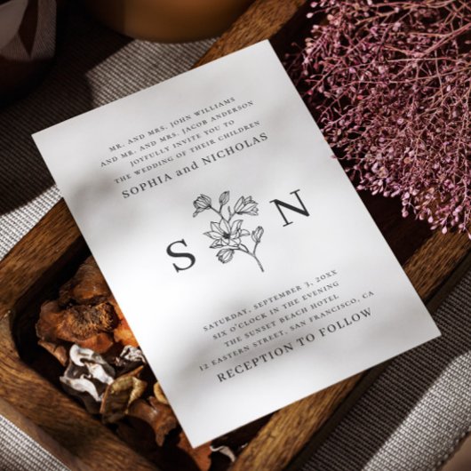 黒エレガント白フローラ結婚ズ | ミニマル 招待状