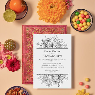 黒エレガント白フローラ結婚式招待状 招待状